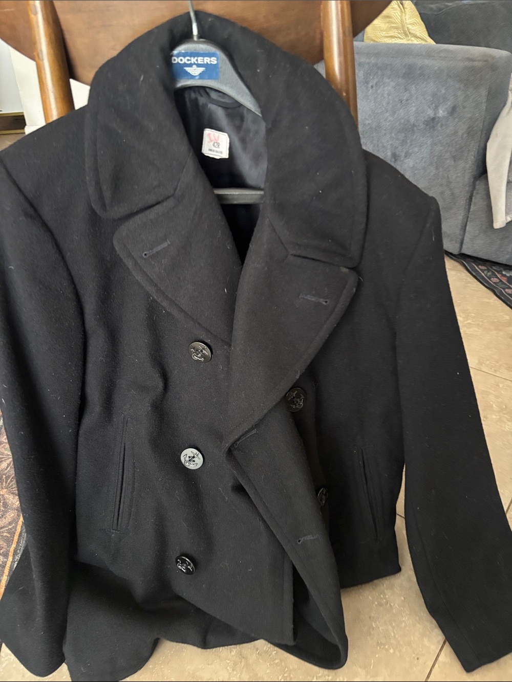 Source Unknown Black Double-Breasted Pea Coat